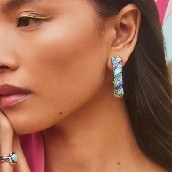 Kendra Scott Earrings Masie Corded Hoop Gold Pastel Mix Blue Summer Spring - Picture 2 of 8